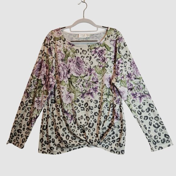 Time & Tru Womens Top XL Long Sleeve Floral Leopard Print Gathered Hem colorful - Picture 1 of 11